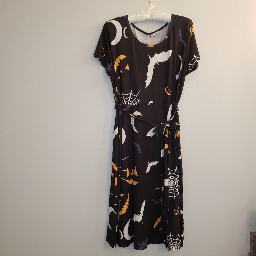 NWT Black Halloween Print Dress with Tie Waist & Side Pockets, Size XXL